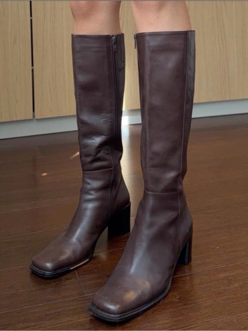 Women's Tall Brown Leather Block Heel Boots